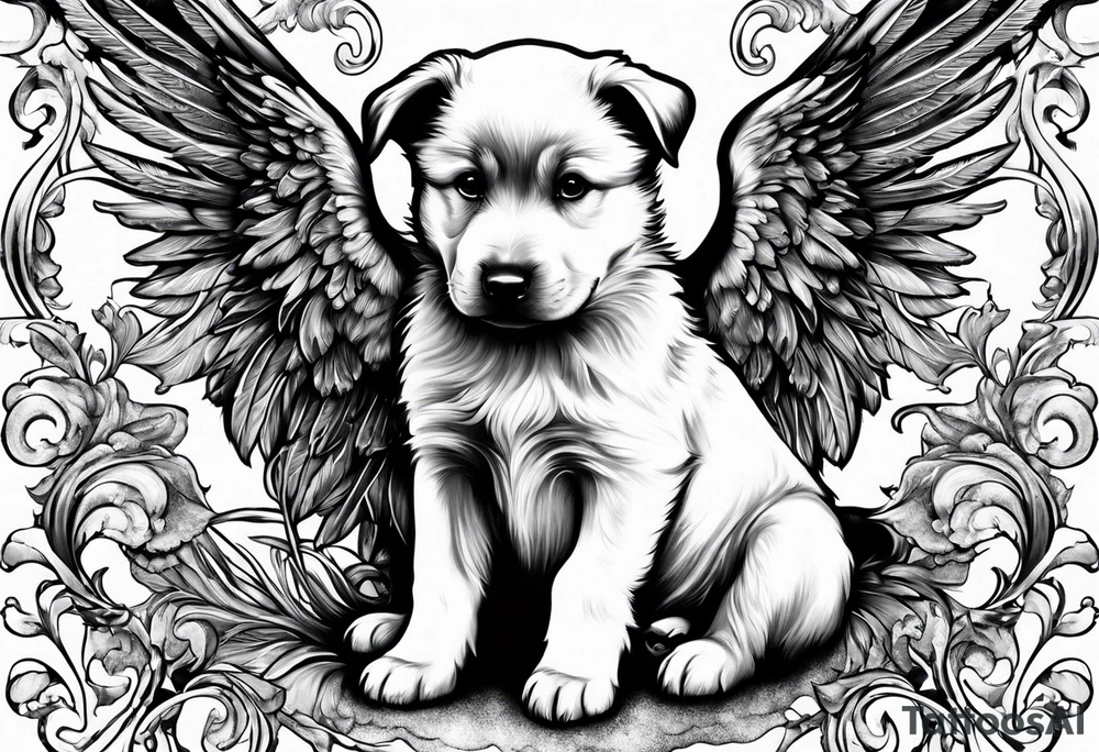 Black dog guarding angel infants tattoo idea