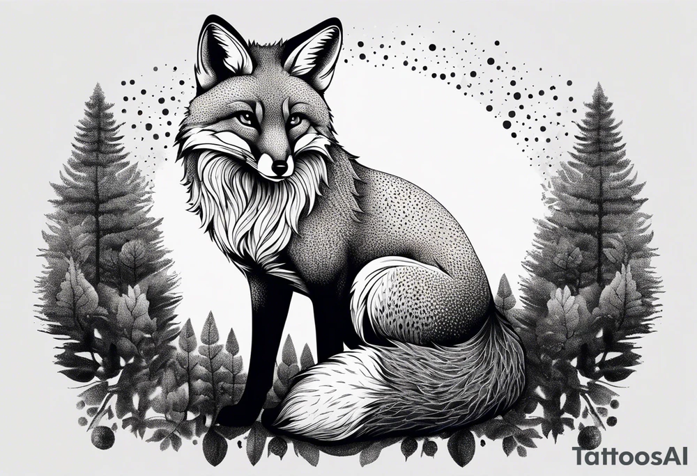 A playful fox with a bushy tail, set in a lush forest, illustrating cleverness and adaptability.” tattoo idea