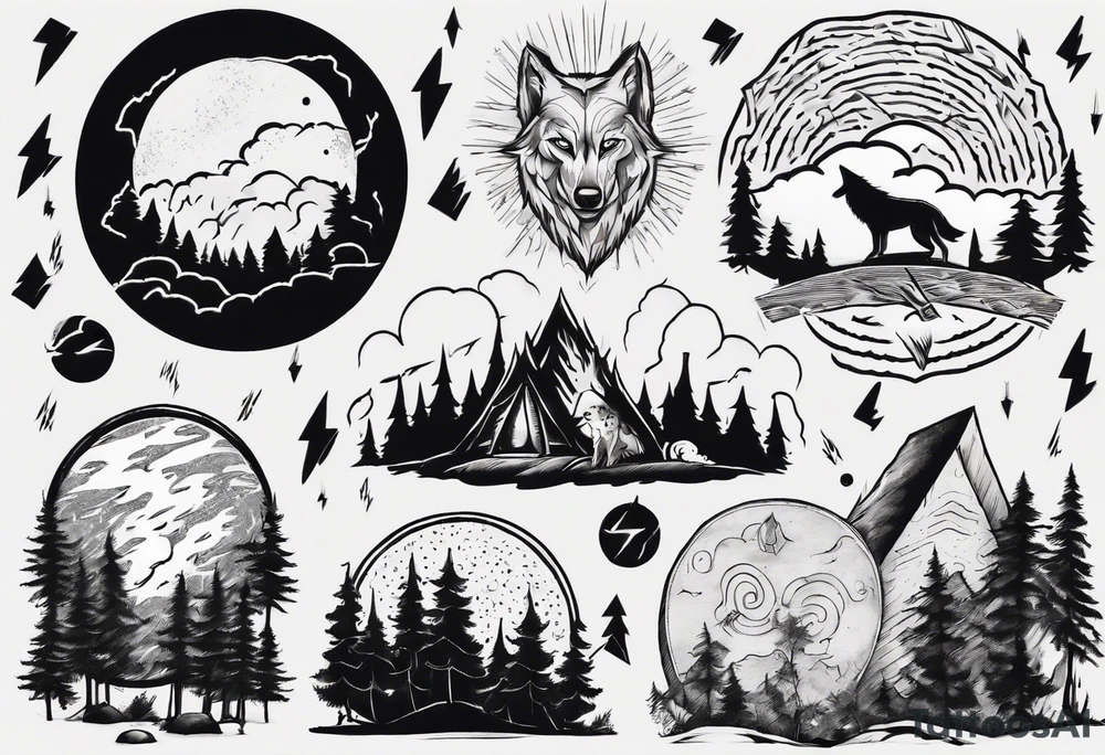 a thunder and lightning storm over a forest with a distant wolf howling and a drum circle tattoo idea