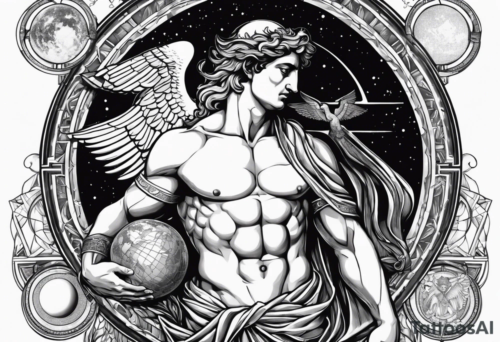 Atlas Greek god with da Vinci virtuvian man with planets and sexy guardian Angel tattoo idea