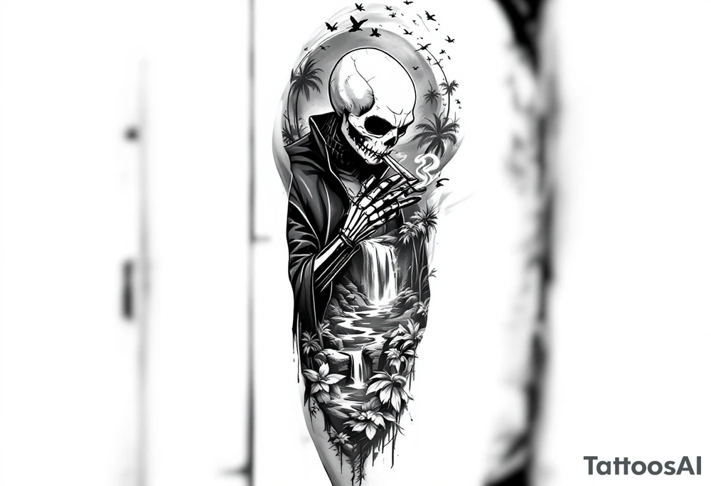 jack skellington in red king robe , smoking a blunt, in nature jungle, waterfall, birds, palm trees tattoo idea