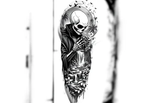 jack skellington in red king robe , smoking a blunt, in nature jungle, waterfall, birds, palm trees tattoo idea