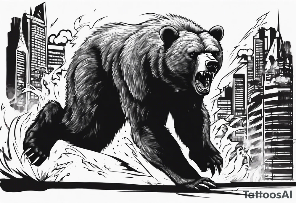 Angry bear coming up behind a city tattoo idea Angry bear coming up behind a city tattoo idea