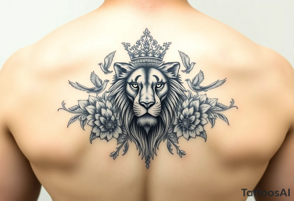 powerful majestic lion with a crown, surrounded by floral ornaments and birds tattoo idea