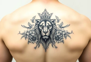 powerful majestic lion with a crown, surrounded by floral ornaments and birds tattoo idea