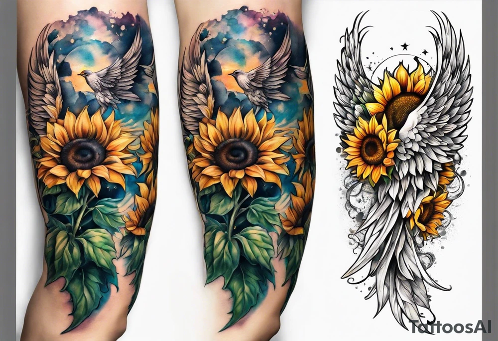 Sunflowers and angel wings leg sleeve tattoo idea