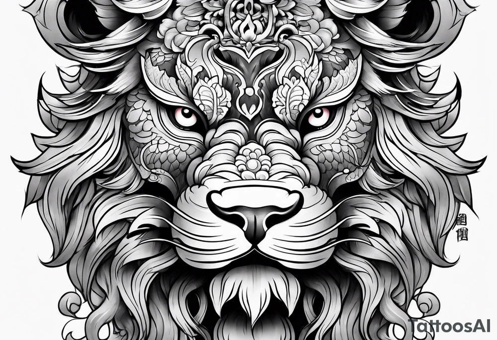 foo dog full body leg sleeve tattoo idea