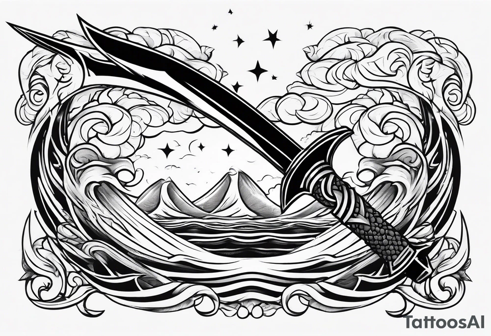 sword, wave, lightnin tattoo idea