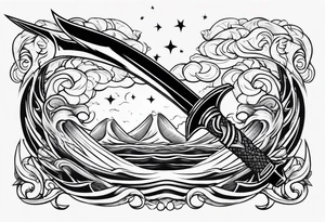sword, wave, lightnin tattoo idea