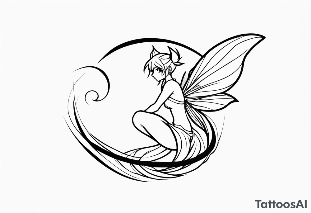 A fairy with a tail inspired by the logo of the show called Fairy Tail in a fetal position leaning in tattoo idea