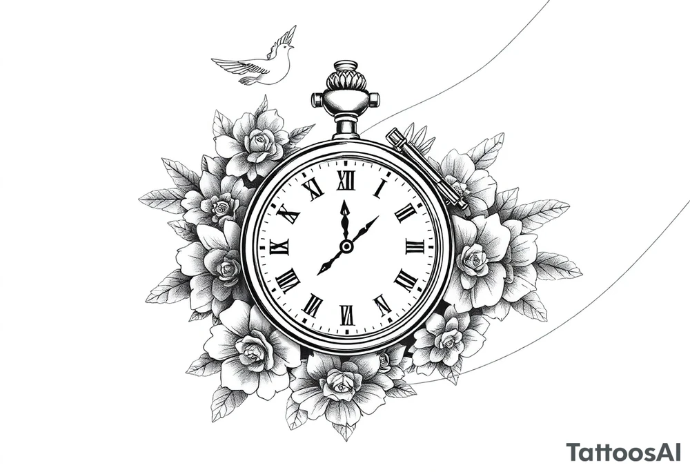 Pocket watch , surrounded by floral ornaments and dove, name spaces tattoo idea