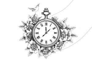 Pocket watch , surrounded by floral ornaments and dove, name spaces tattoo idea