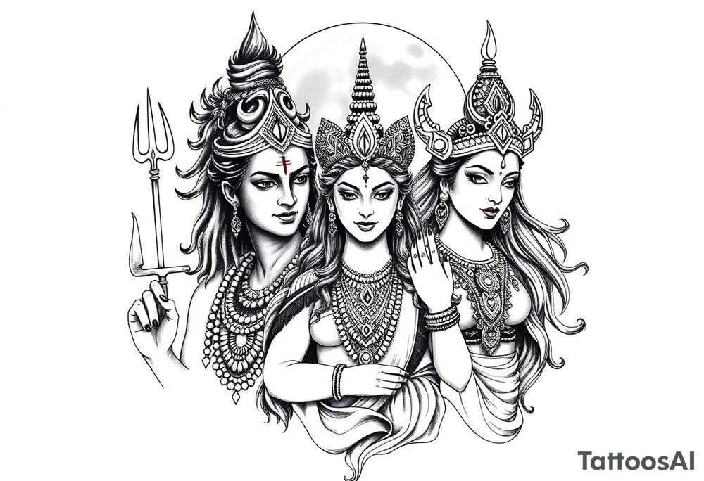Lord Shiva, Godess Kali, Godess Lilith Together with the moon in the background tattoo idea