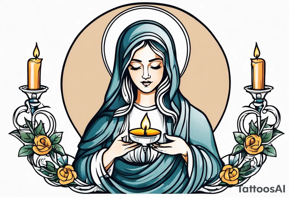 virgin maria holding candle in hands tattoo idea