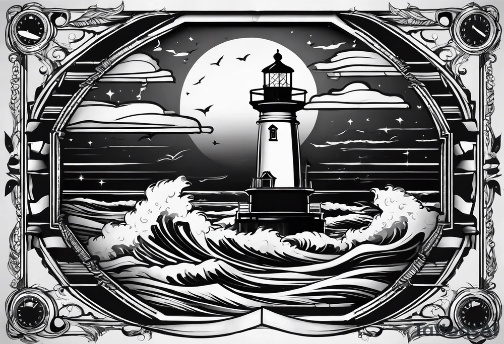 minimalist "open book" with a lighthouse in the middle and a clock and surrounded by storm and a banner on top tattoo idea
