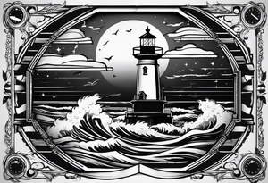minimalist "open book" with a lighthouse in the middle and a clock and surrounded by storm and a banner on top tattoo idea