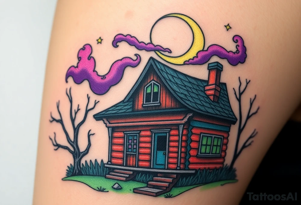 Tim Burton’s haunted pastel wood cabin home is abandoned and dripping with muted reds, dusty pinks, and eerie green glow.purple and cyan smokey clouds swirl in the crescent moonlit sky thats sprinkled with stars tattoo idea tattoo idea