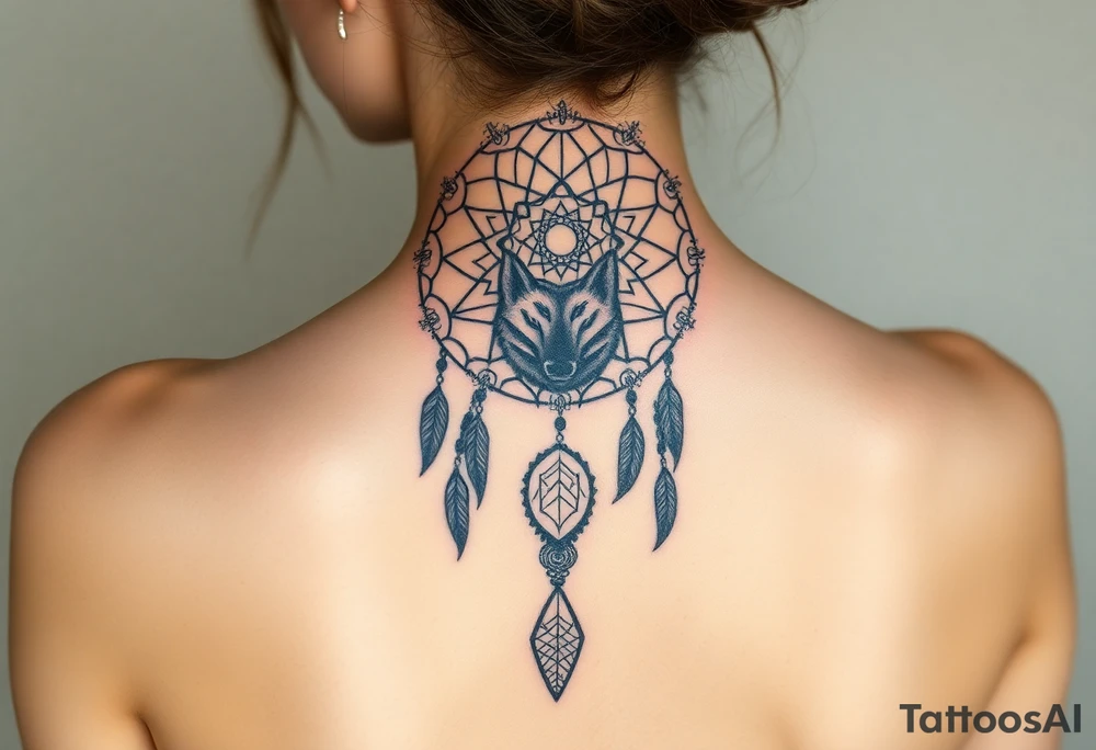 Dreamcatcher with zodiac symbols and protection runes caught in it with wolf teal tattoo idea
