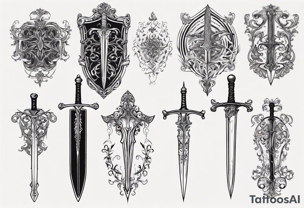 Sword behind shield filigree tattoo idea