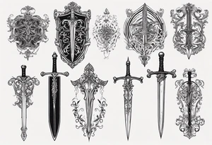 Sword behind shield filigree tattoo idea