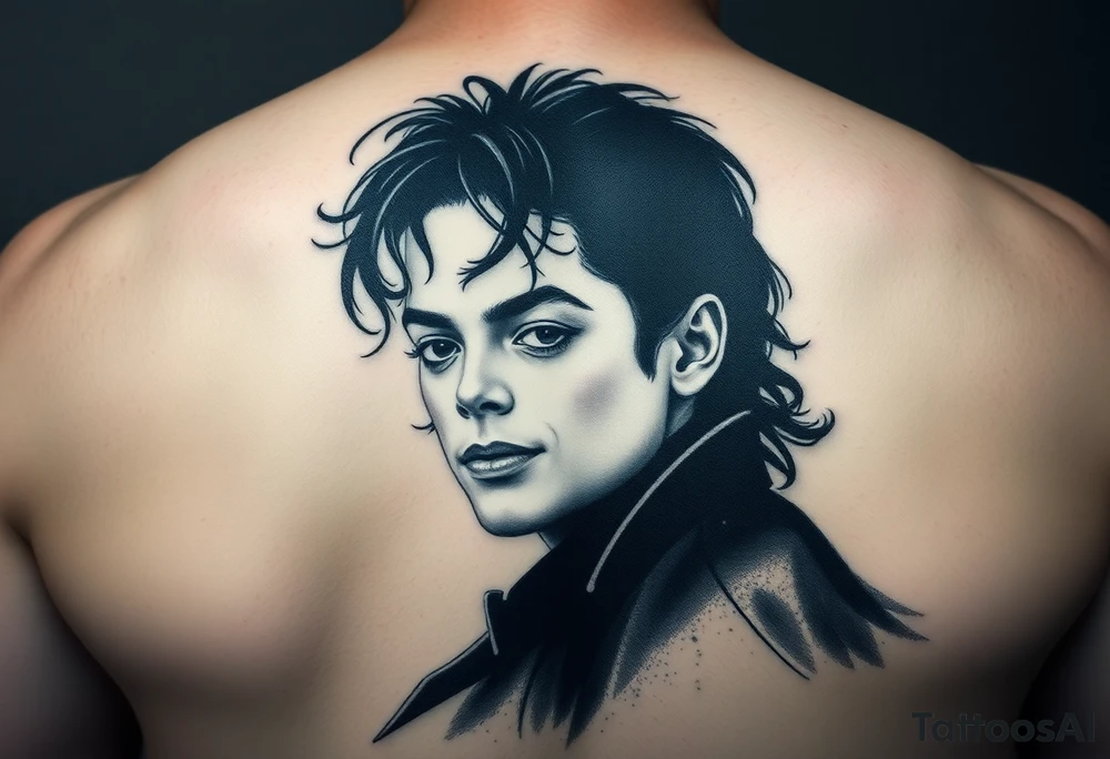 Michael Jackson black and grey realism tattoo concept, upper arm placement. The bottom of the design ends in a dark smokey gradient shadow. Seamlessly integrated within the dark shadow is his famous signature, appearing as negative space skin tone. High contrast, cinematic, dramatic tattoo art --ar 2:3 tattoo idea