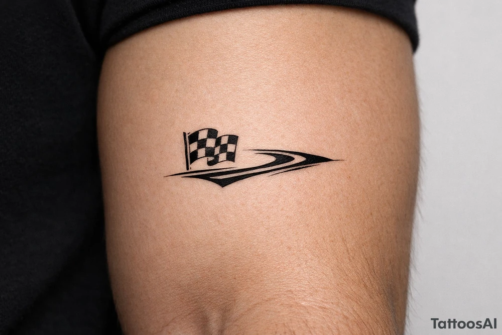 blackwork motorsport tattoo featuring a small checkered racing flag combined with a flowing racing line, dynamic but elegant tattoo idea