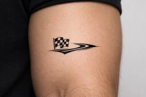 blackwork motorsport tattoo featuring a small checkered racing flag combined with a flowing racing line, dynamic but elegant tattoo idea
