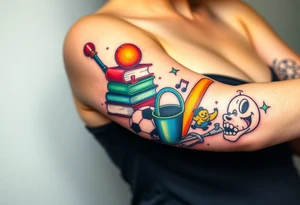 Childhood memories of a small pile of books, a bucket and spade, a football, a cricket bat, a cartoon of Dennis the Menace from the Beano comic, and something associated with the band Green Day tattoo idea