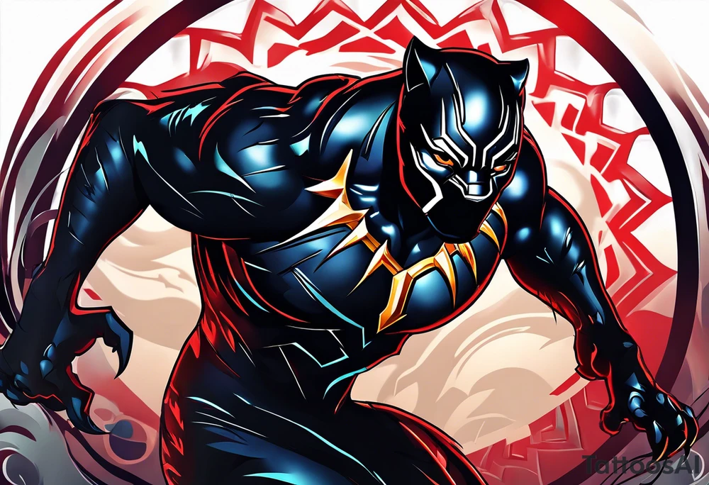 unique black panther tattoo, dynamic pose, showcasing its strength and grace, striking red eyes, intense and captivating elements, artistic flair, blending realism with abstract elements tattoo idea