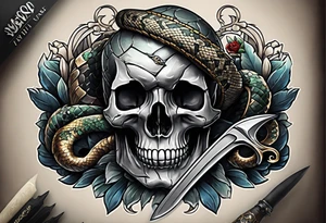 Snake wrapped around a dagger grip striking through a skull. Show the cracks and fragments of the skull from the dagger tattoo idea