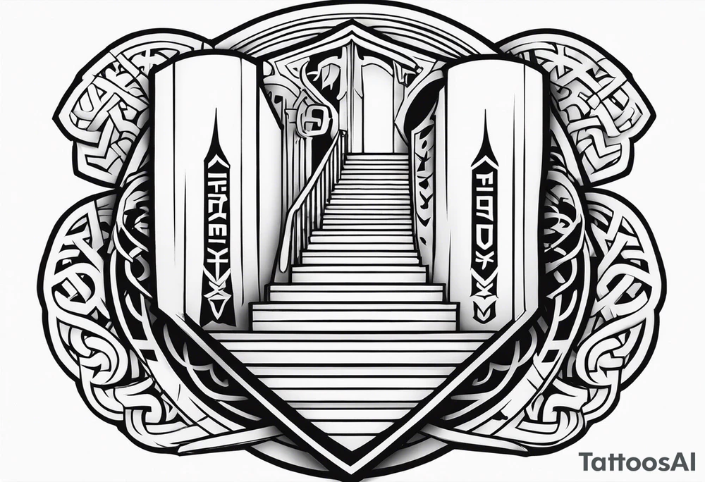Valhalla shield sword stairs runes tattoo idea