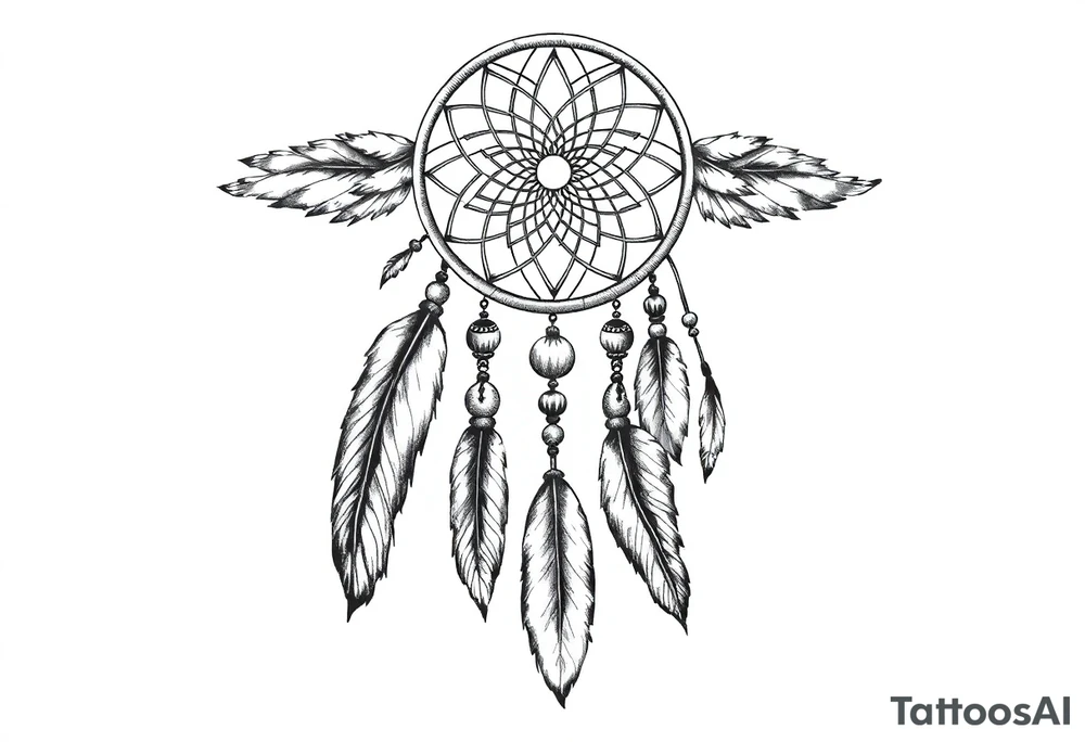 native dreamcatcher with flowing feathers and sacred beads tattoo idea
