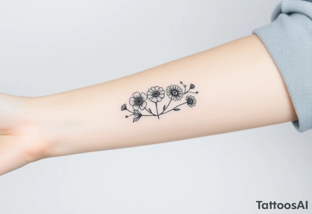 Small flower bouquet with order of flowers, daisy, cosmo, poppy, chrysanthemum, cosmo tattoo idea
