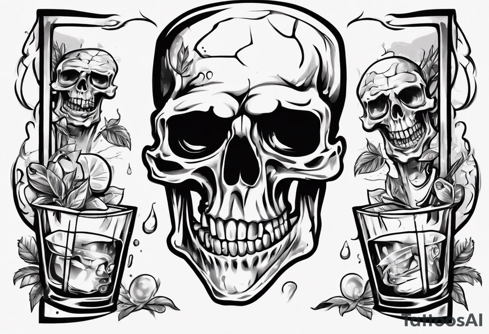 A smiling looking to the left scull inside the glass with alcohol and piece of lime tattoo idea