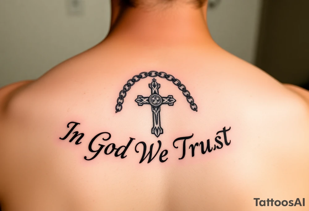 Rosary surrounded by the words "In God We Trust" tattoo idea