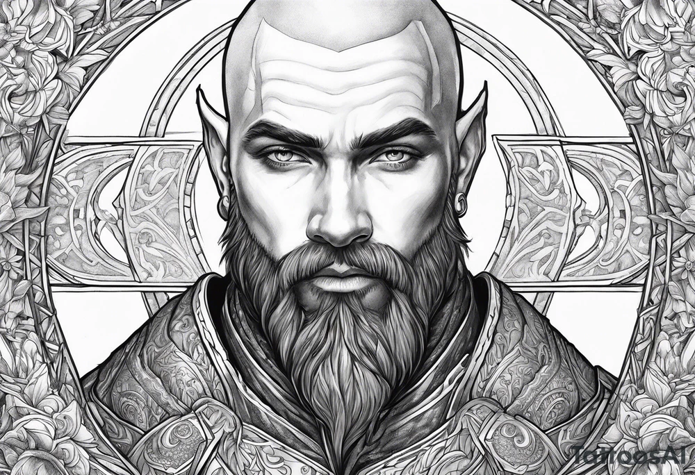 human-elf, bearded bald male, paladin, from a distance tattoo idea