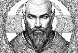 human-elf, bearded bald male, paladin, from a distance tattoo idea