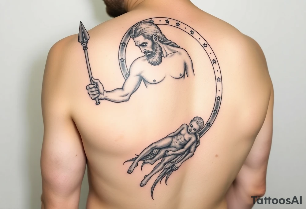a tattoo design of the Greek God Saturn but older and nearly dying holding his spear looking down using the spear to keep himself upright, in his other arms cradling a twin dying younger version of himself. The gemini constellation is in the background behind the Saturn Gods. Long vertical form as this will be on a thigh - include the planet Saturn rings going round the design tattoo idea