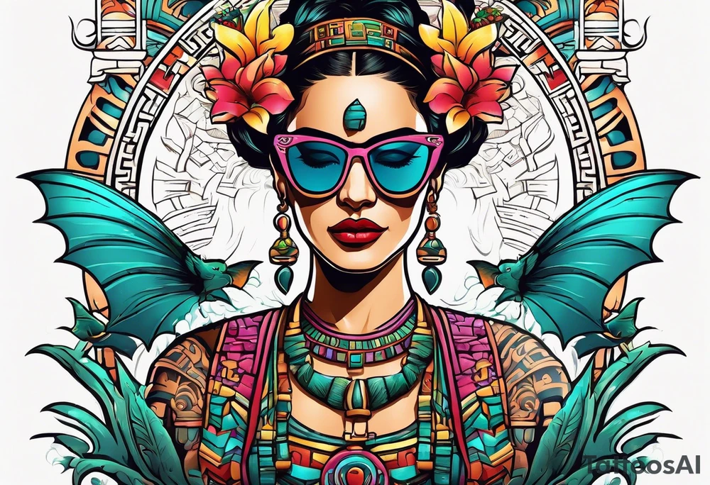 Colorful Mayan hieroglyph wearing sunglasses with bats and water tattoo idea