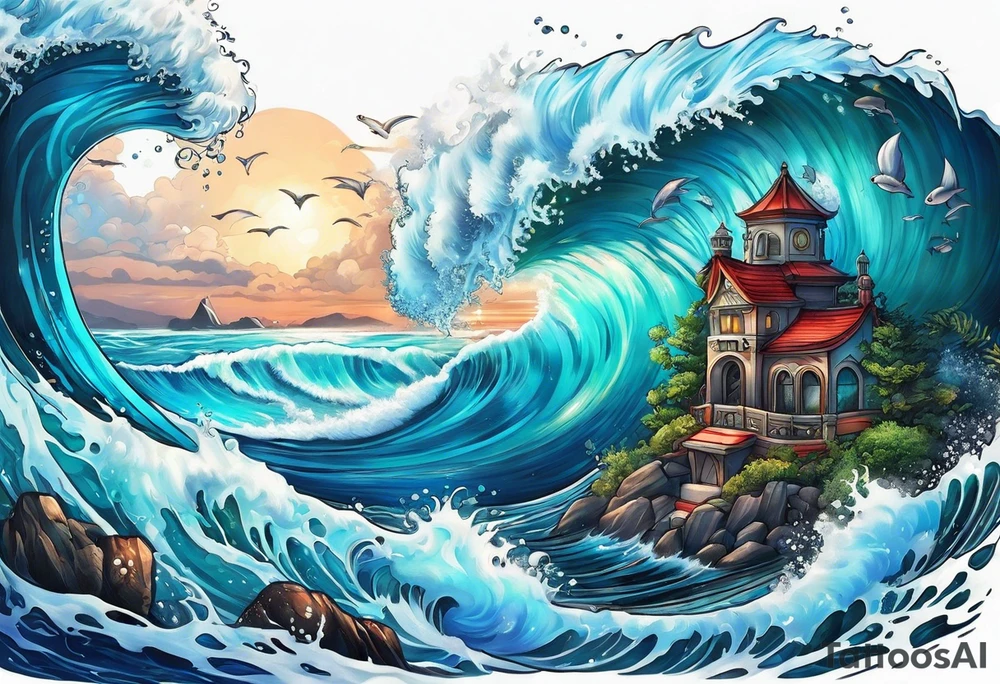 An ocean themed half sleeve with ONLY OCEAN WATER tattoo idea