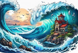 An ocean themed half sleeve with ONLY OCEAN WATER tattoo idea