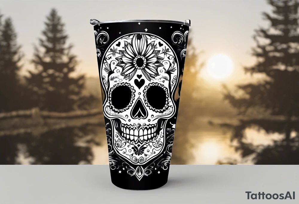 Trick or treat, sugar skull, 20 oz tumbler banner design, candy, minimalist, potions, brew, broom, spellbound, voodoo, cat, poly juice potion, moon, stars, sugar skull tattoo idea