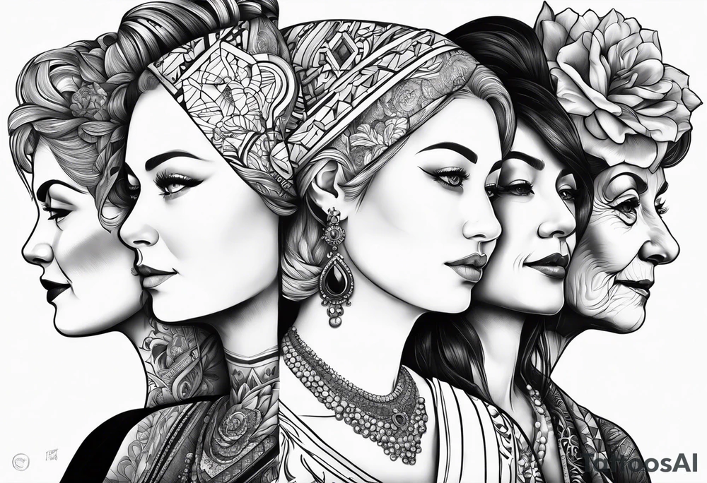 three person side by side. Daughter on the left, mother in the middle, really old grandmother on the right. greater age difference tattoo idea