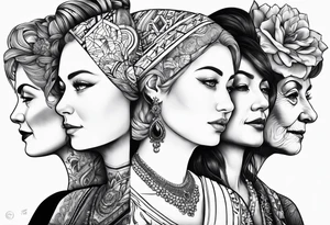 three person side by side. Daughter on the left, mother in the middle, really old grandmother on the right. greater age difference tattoo idea