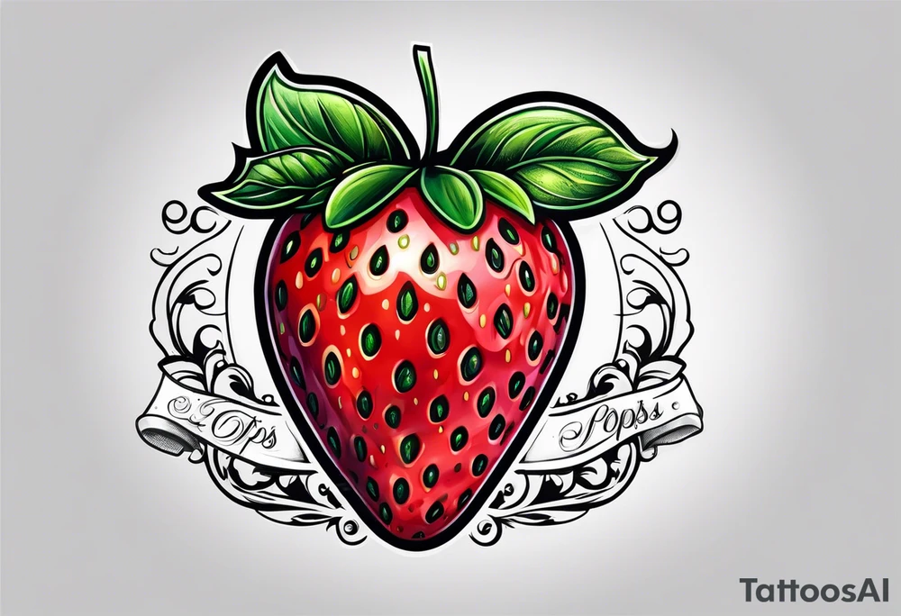 lonely strawberry wrapped in banner saying Pops tattoo idea