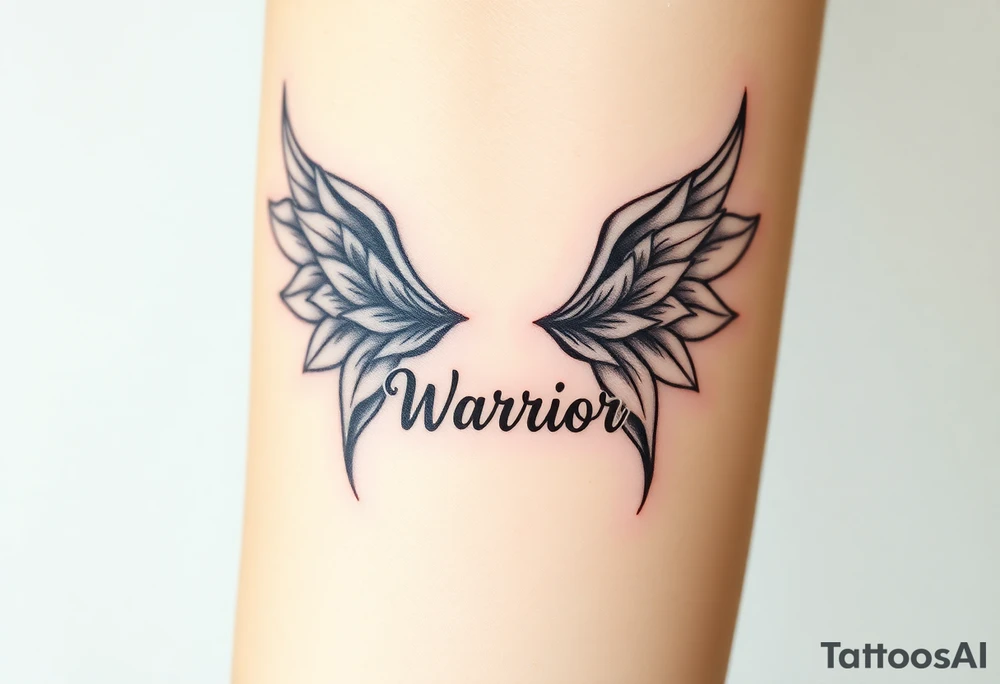 lotus flowers beautiful bold angel wings with word "Warrior" tattoo idea