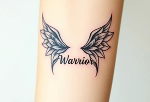 lotus flowers beautiful bold angel wings with word "Warrior" tattoo idea