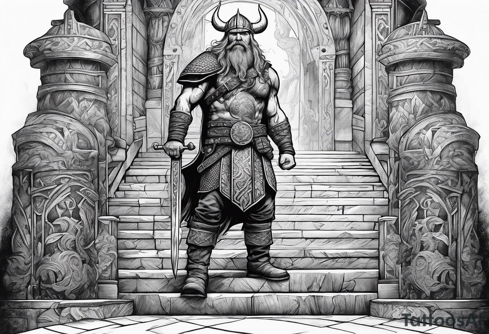 A Viking standing in front of the stairs to the gate to the valhalla. tattoo idea