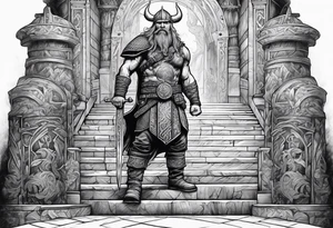 A Viking standing in front of the stairs to the gate to the valhalla. tattoo idea