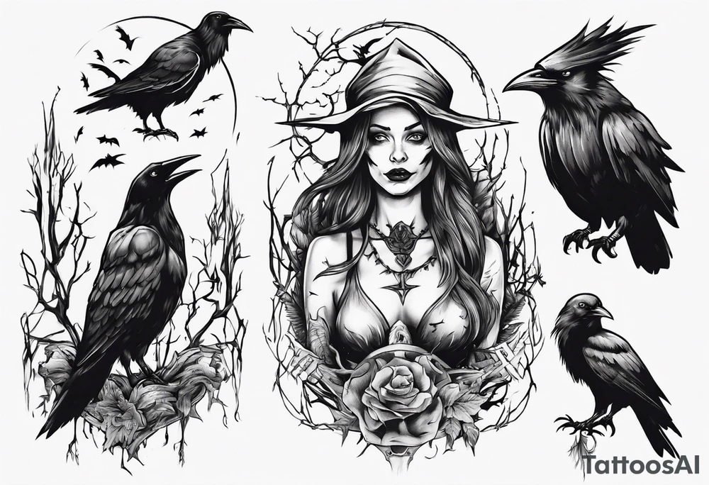 witch with crows tattoo idea